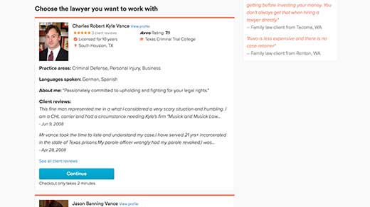 Avvo Legal Services business attorney selection screenshot