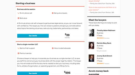 Avvo Legal Services business service selection screenshot