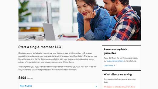 Avvo Legal Services business service: start a single-member LLC screenshot