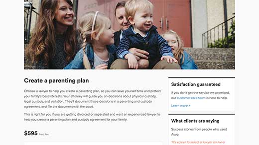 Avvo Legal Services family service: create a parenting plan screenshot