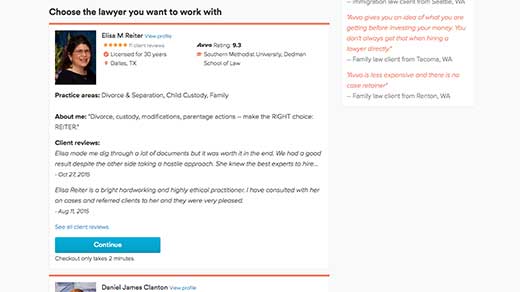 Avvo Legal Services family attorney selection screenshot