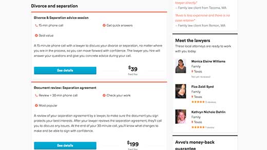 Avvo Legal Services family service selection screenshot