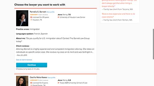Avvo Legal Services immigration attorney selection screenshot