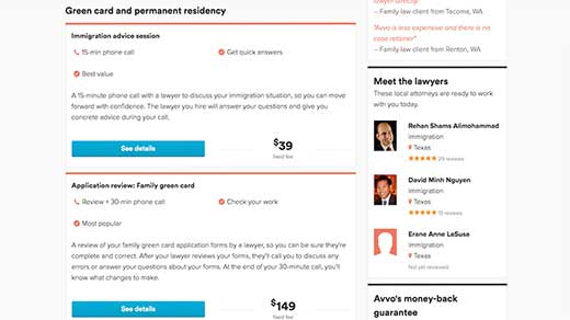 Avvo Legal Services immigration service selection screenshot