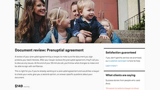 Avvo Legal Services family service: document review - prenuptial agreement screenshot